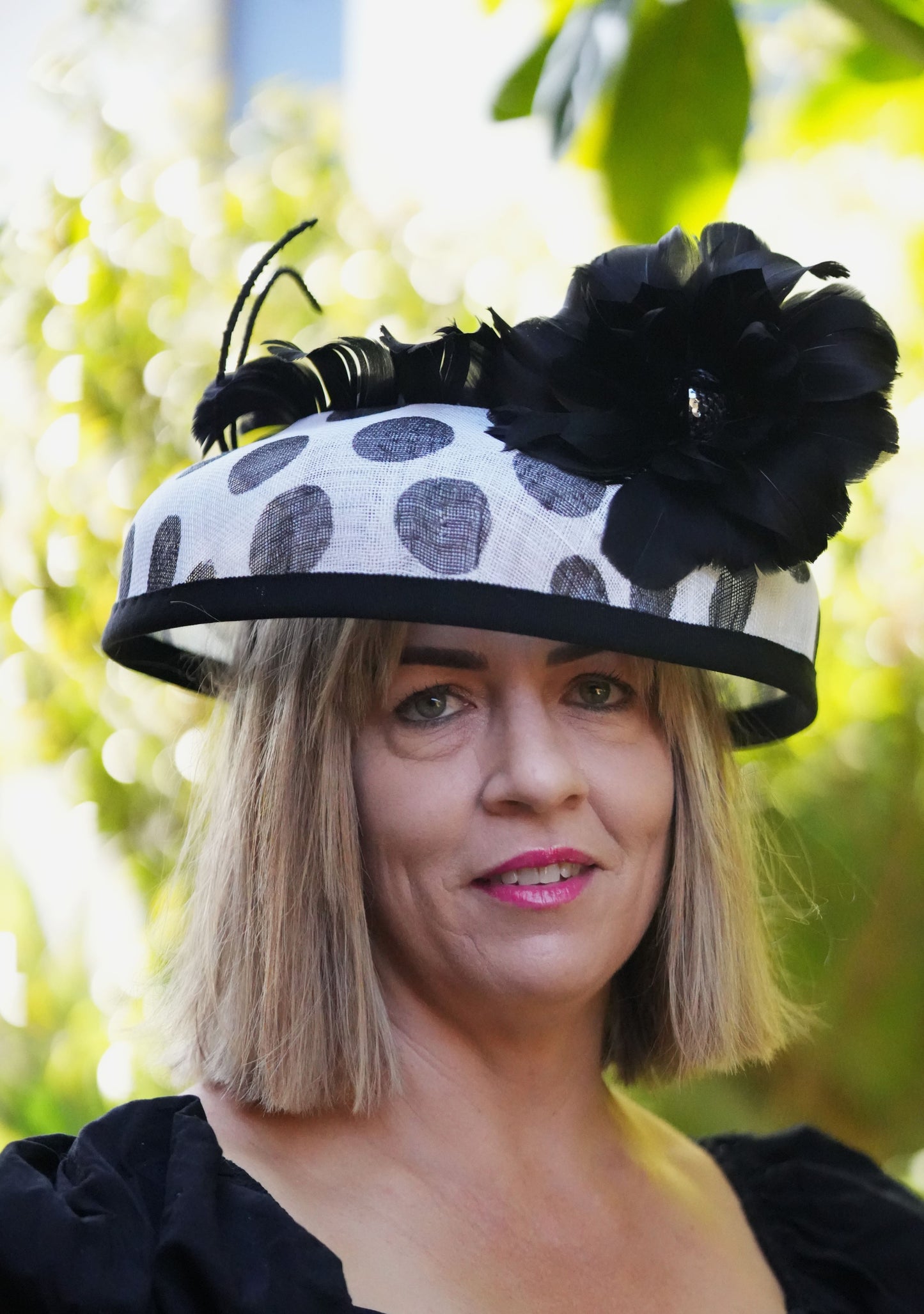 BROOKLYN Black and White Sinamay Wide Brimmed Race Hat Feather Flower