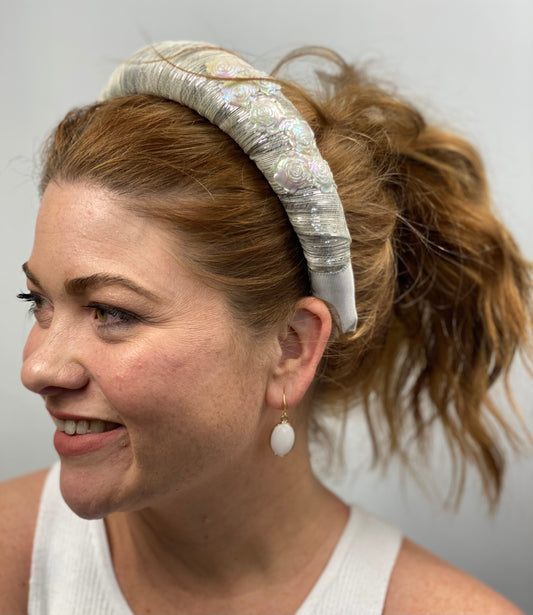 ELSIE White and Silver Padded Headband Vintage Sequins