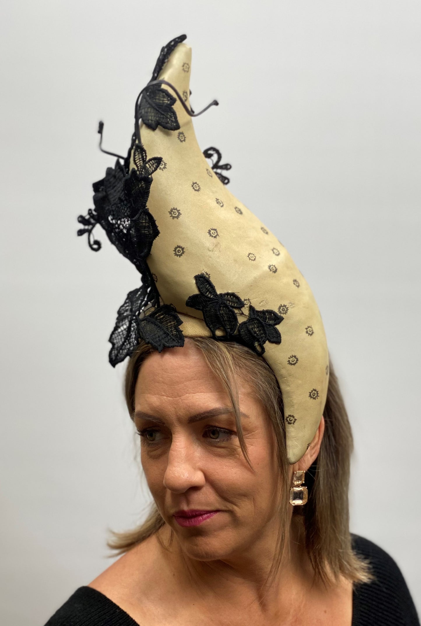 IRIS Sculptural Leather Headpiece Fascinator Race Hat Black Lace
