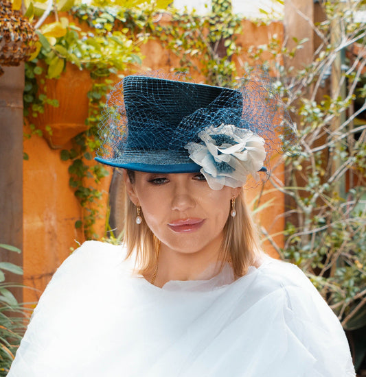 ELENORA Navy Straw Top Hat Veiling Handmade Flowers Race Hat