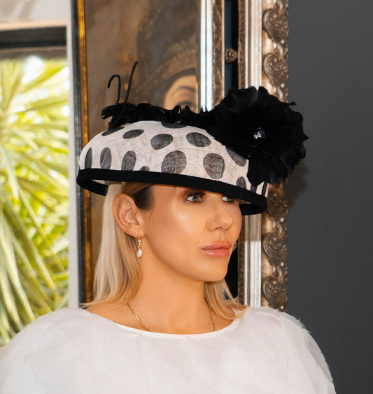 BROOKLYN  Black and White Sinamay Wide Brimmed  Race Hat Feather Flower