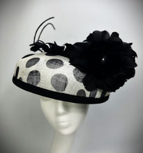 Load image into Gallery viewer, BROOKLYN  Black and White Sinamay Wide Brimmed  Race Hat Feather Flower
