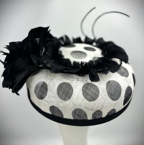 BROOKLYN  Black and White Sinamay Wide Brimmed  Race Hat Feather Flower