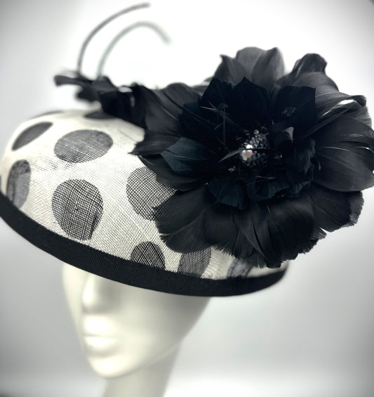 BROOKLYN  Black and White Sinamay Wide Brimmed  Race Hat Feather Flower