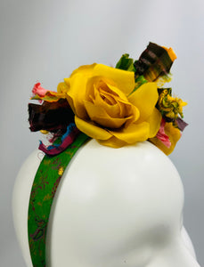 IRENE Yellow Roses Silk Rags Boho Headband Race Hat