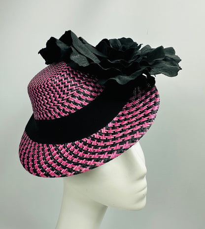 ETHEL Pink and Black Straw Hat Large Black Flower Fascinator Race Hat