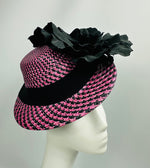 Load image into Gallery viewer, ETHEL Pink and Black Straw Hat Large Black Flower Fascinator Race Hat
