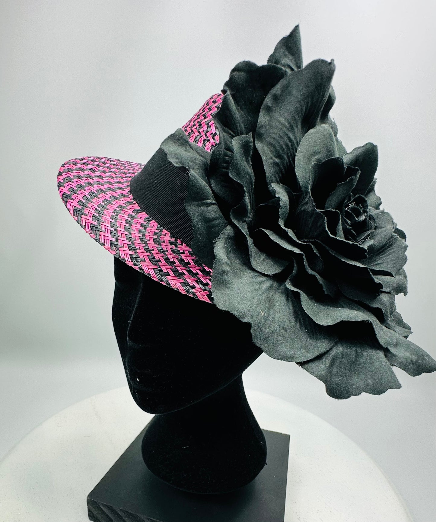 ETHEL Pink and Black Straw Hat Large Black Flower Fascinator Race Hat
