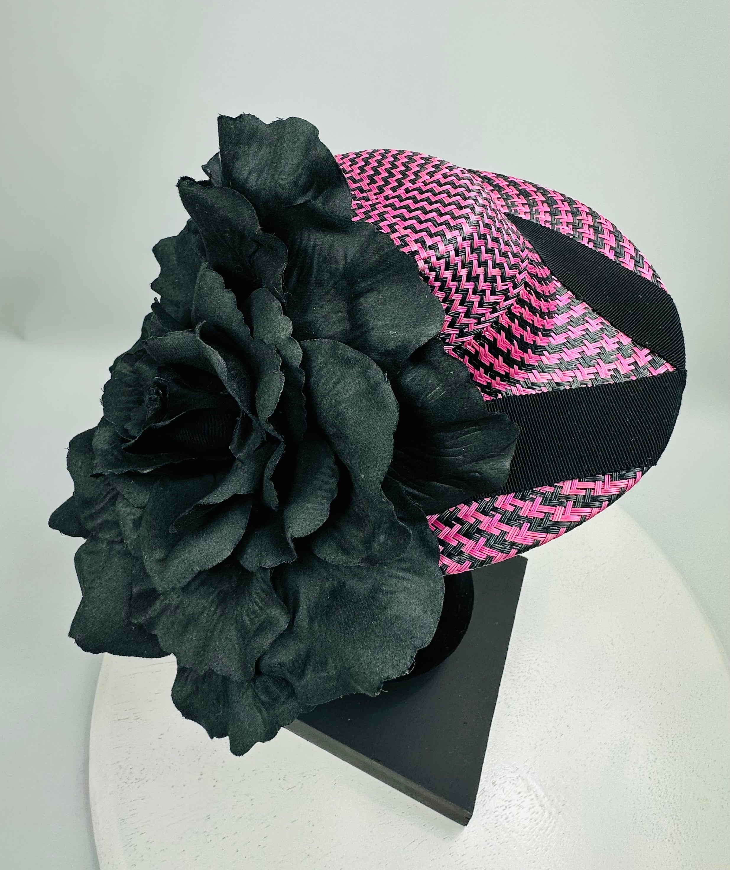 ETHEL Pink and Black Straw Hat Large Black Flower Fascinator Race Hat