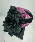 Load image into Gallery viewer, ETHEL Pink and Black Straw Hat Large Black Flower Fascinator Race Hat
