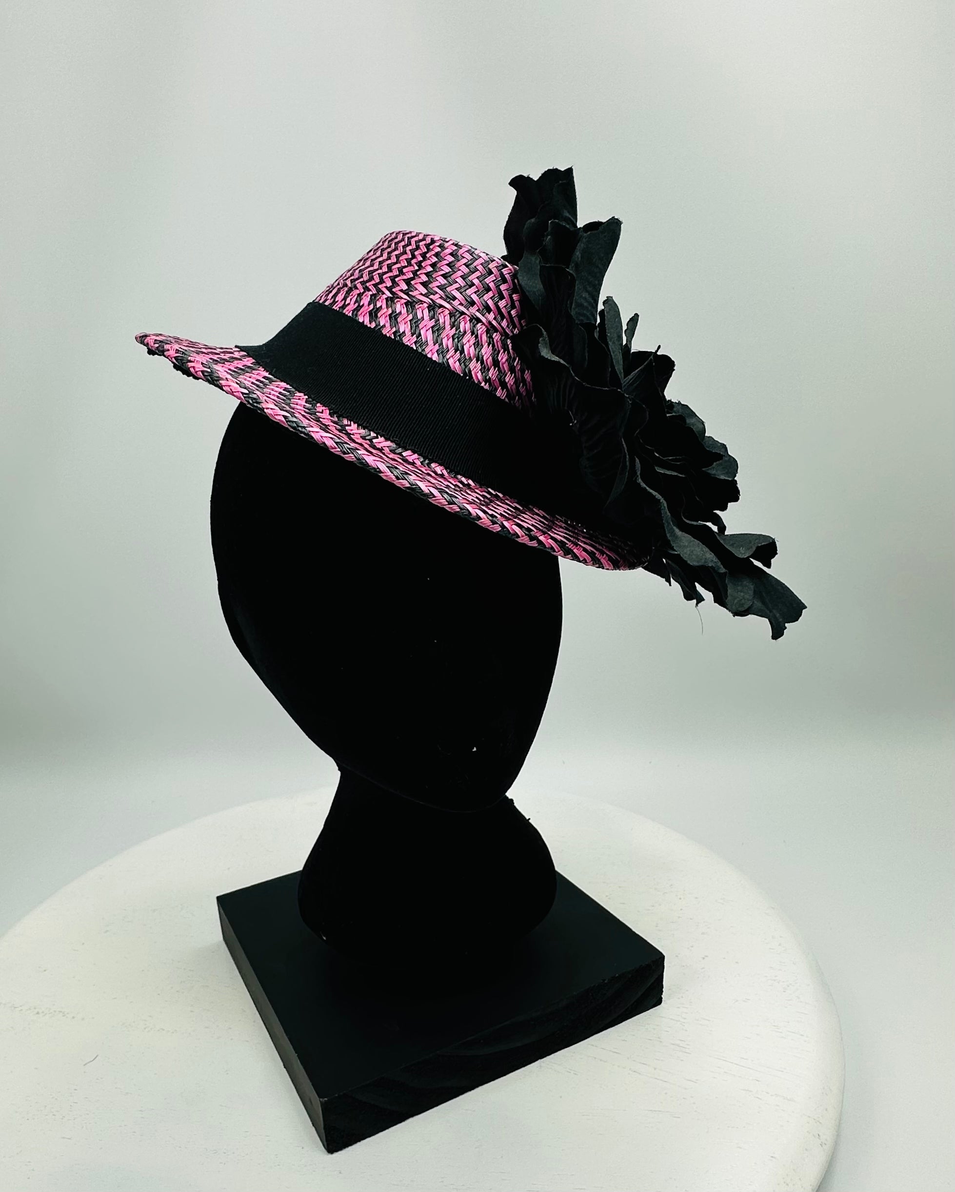 ETHEL Pink and Black Straw Hat Large Black Flower Fascinator Race Hat