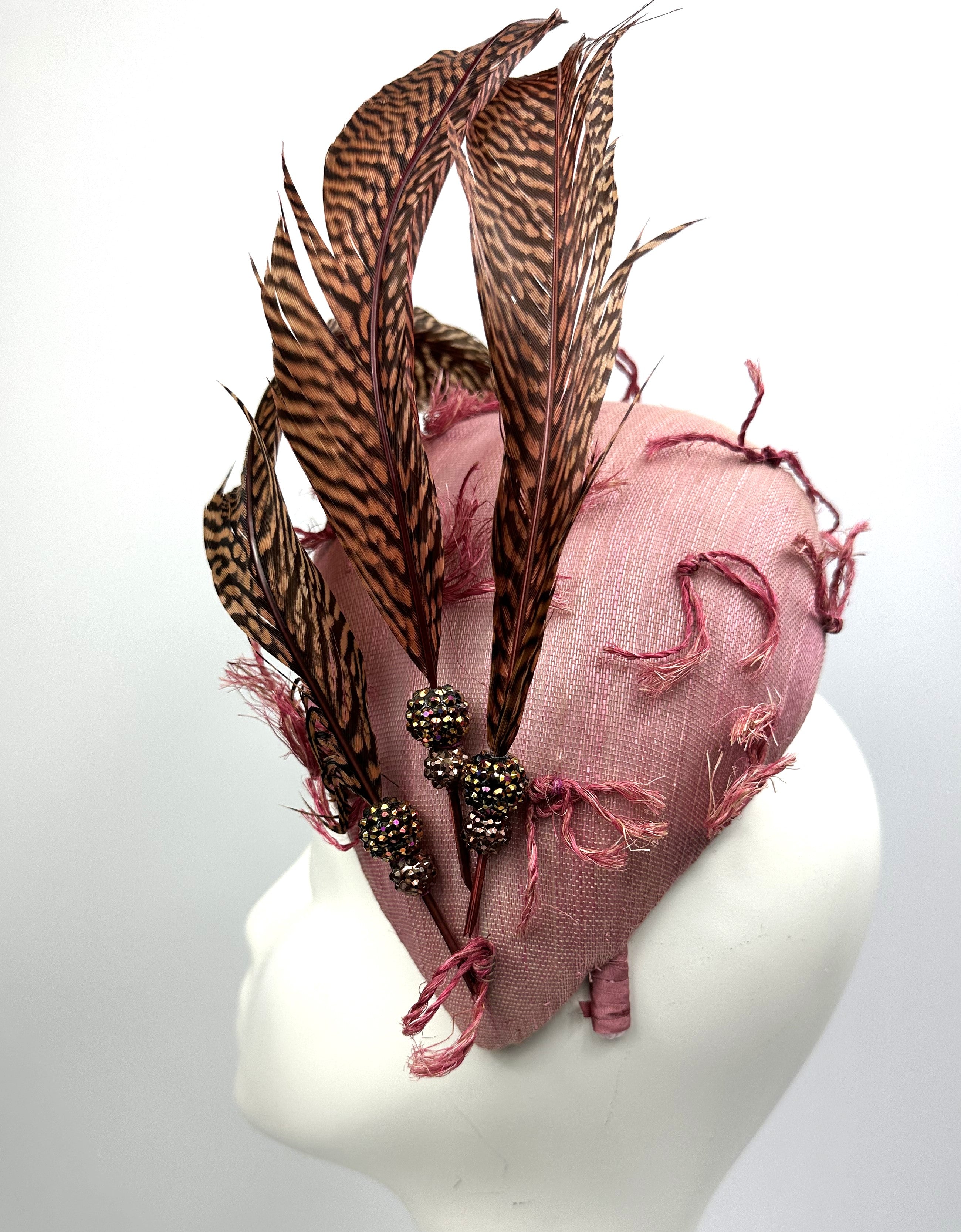 JADE Pink Vintage Straw Race Hat Fascinator Pheasant Feathers