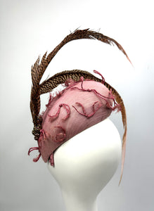 JADE Pink Vintage Straw Race Hat Fascinator Pheasant Feathers