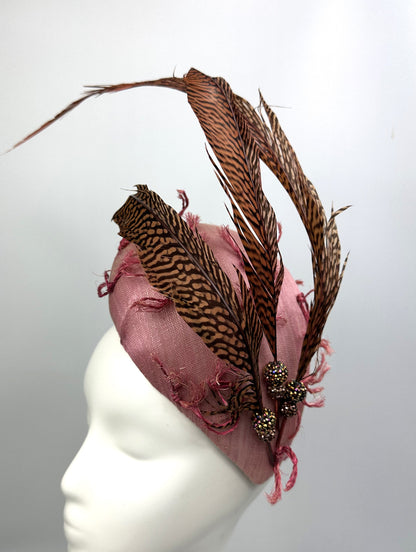JADE Pink Vintage Straw Race Hat Fascinator Pheasant Feathers