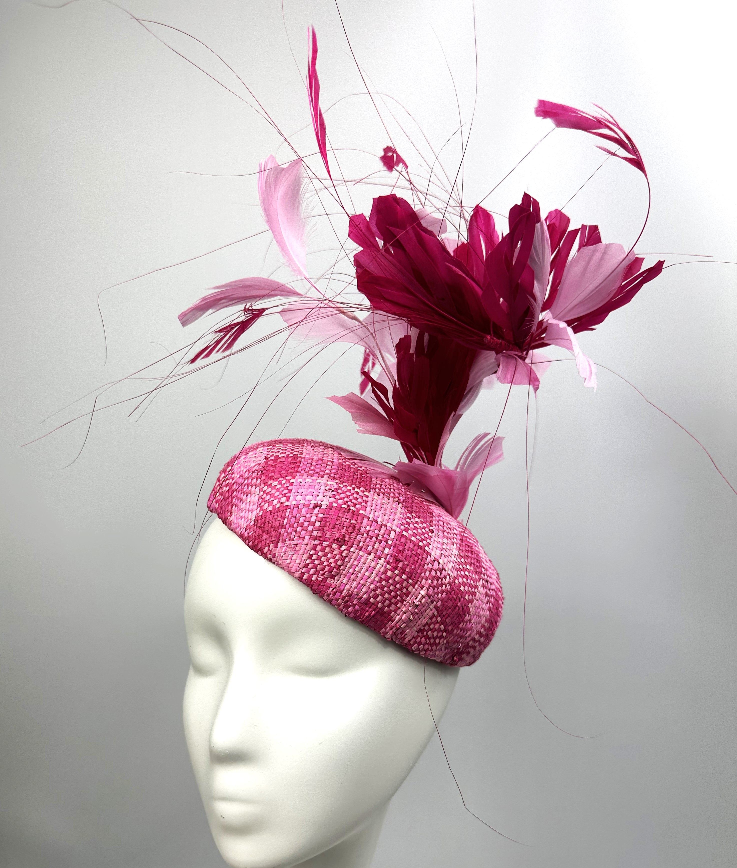 DOMENICA Pink Checked Straw Beret Hat Pink Feathers Race Hat