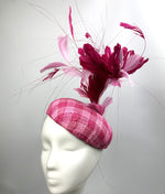 Load image into Gallery viewer, DOMENICA Pink Checked Straw Beret Hat Pink Feathers Race Hat

