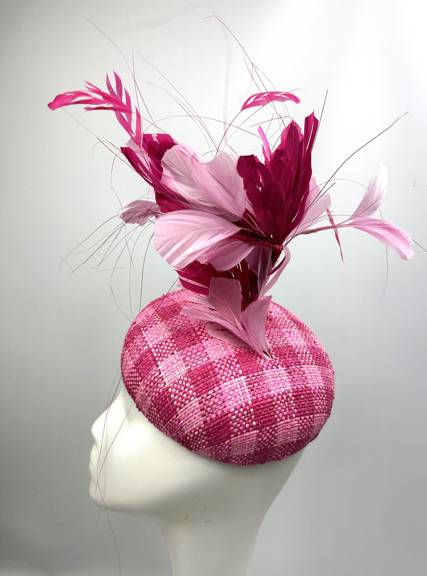 DOMENICA Pink Checked Straw Beret Hat Pink Feathers Race Hat