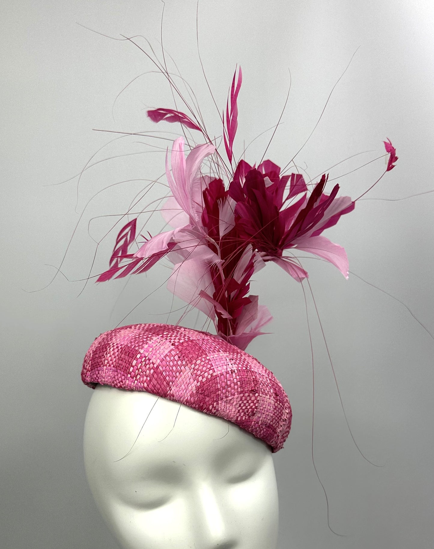 DOMENICA Pink Checked Straw Beret Hat Pink Feathers Race Hat