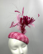 Load image into Gallery viewer, DOMENICA Pink Checked Straw Beret Hat Pink Feathers Race Hat

