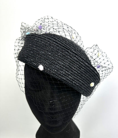 HILDA Black Straw Pillbox Hat