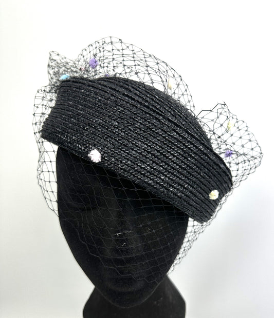 HILDA Black Straw Pillbox Hat