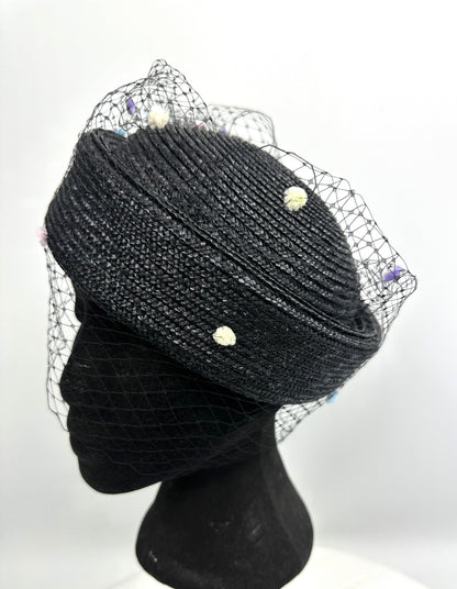 HILDA Black Straw Pillbox Hat