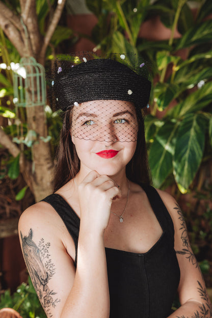 HILDA Black Straw Pillbox Hat
