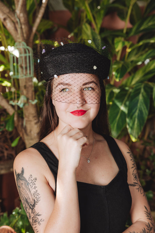 HILDA Black Straw Pillbox Hat