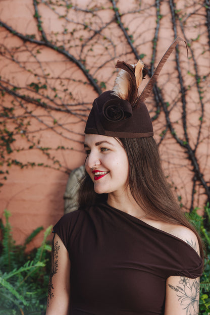 LENA Brown Felt Pill Box Hat Race Hat