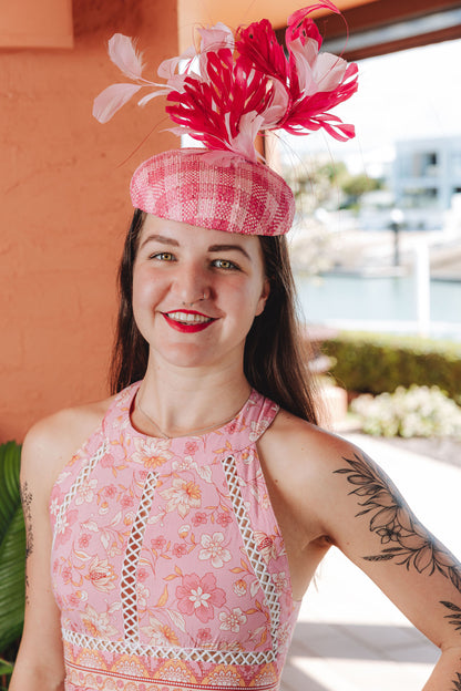 DOMENICA Pink Checked Straw Beret Hat Pink Feathers Race Hat