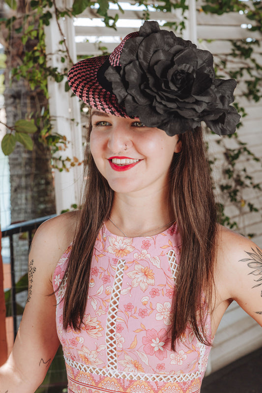 ETHEL Pink and Black Straw Hat Large Black Flower Fascinator Race Hat
