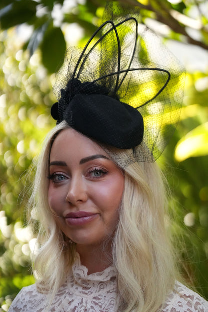 DELORES Black Felt Hat Black Veiling Felt Flowers Race Hat