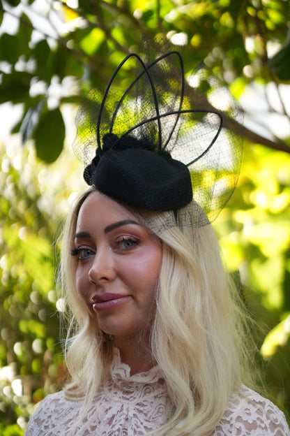 DELORES Black Felt Hat Black Veiling Felt Flowers Race Hat