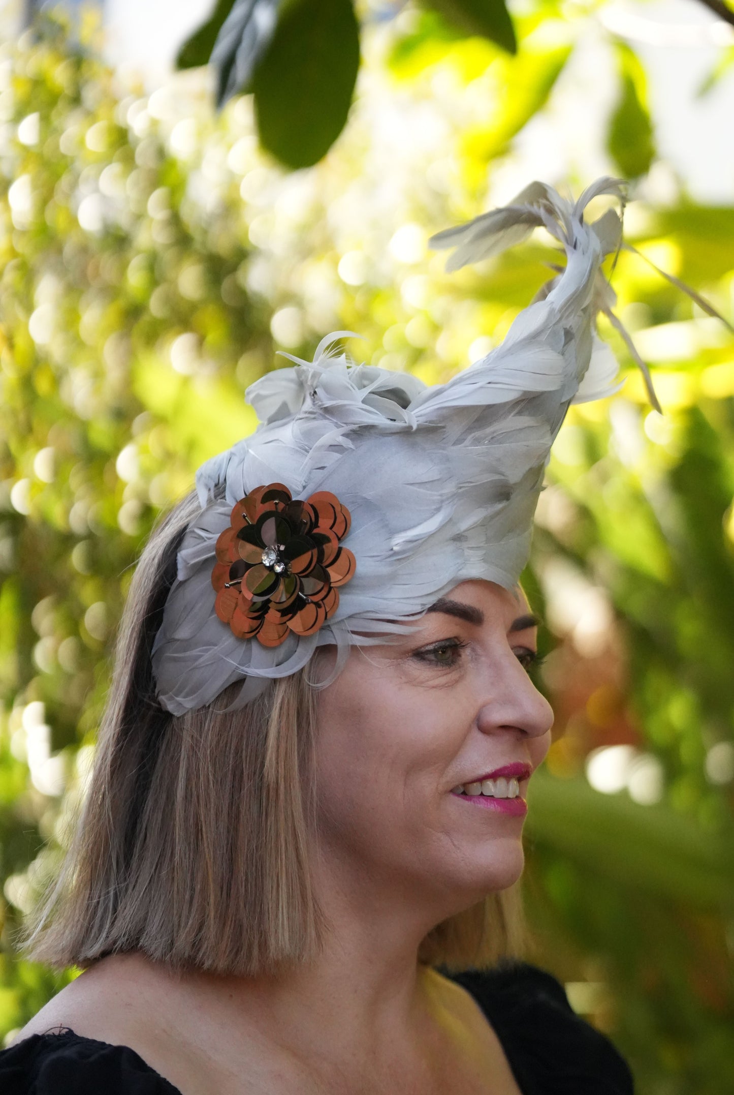 BERTHA  Silver/Grey Feather  Race Day Hat