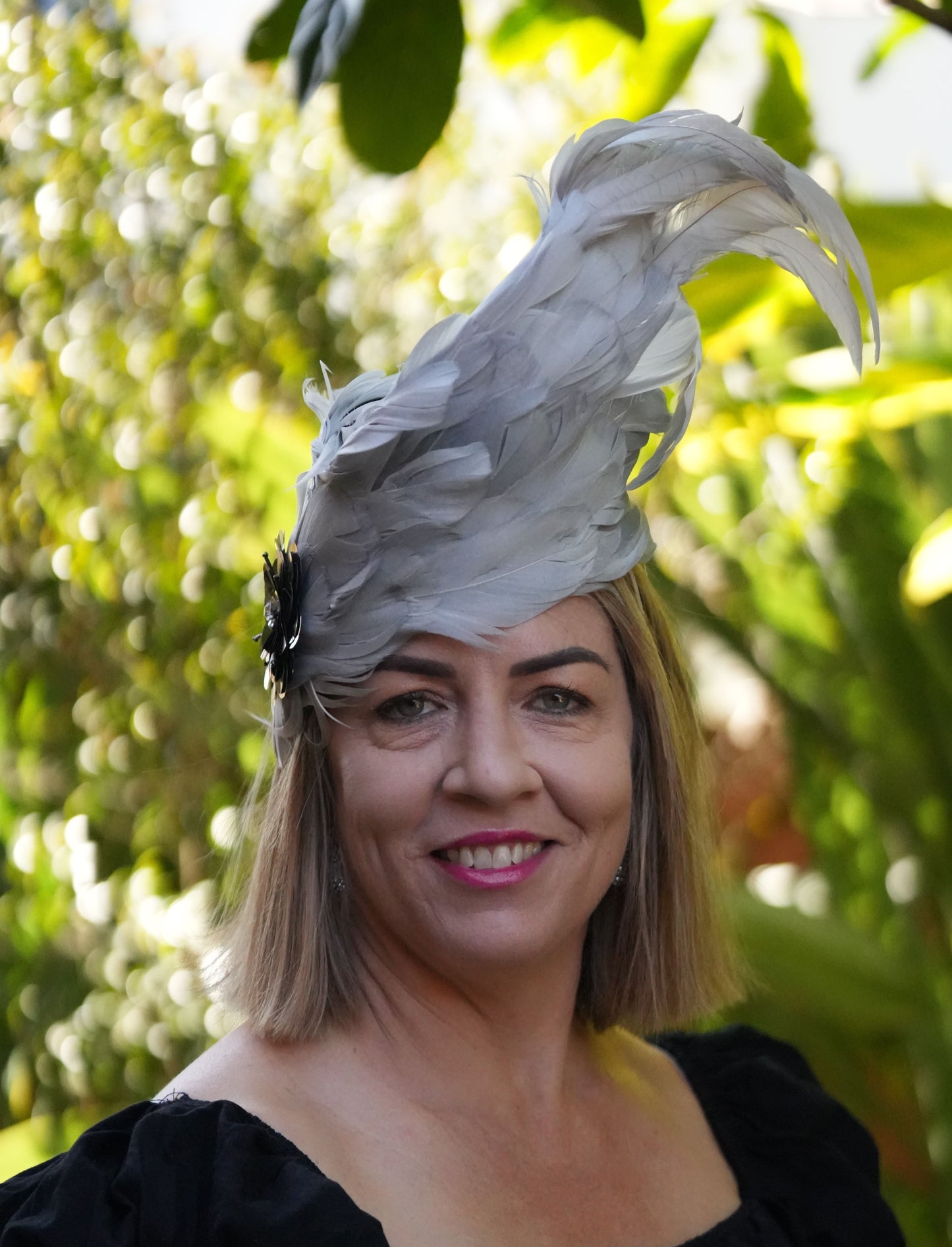 BERTHA  Silver/Grey Feather  Race Day Hat