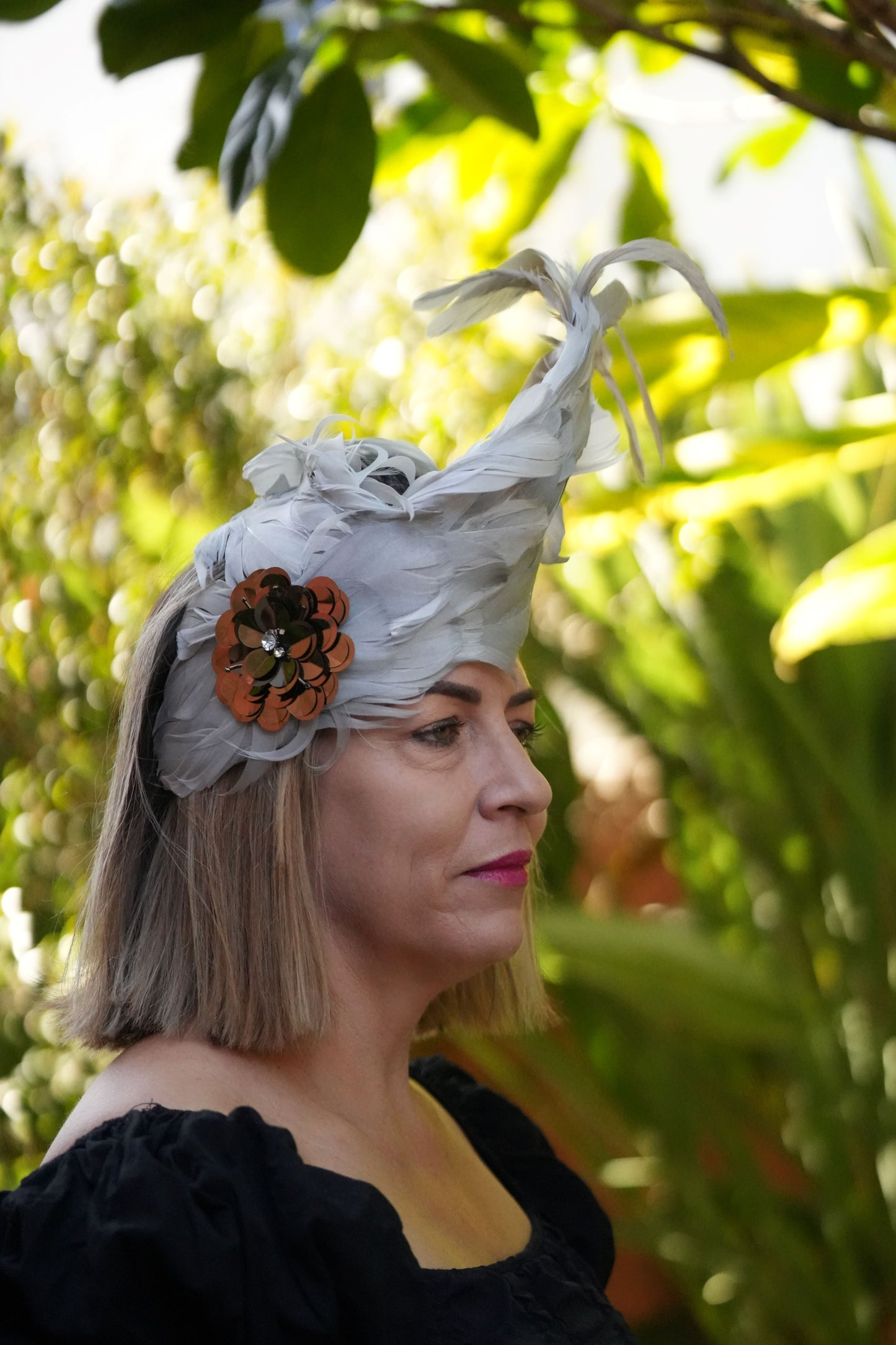 BERTHA  Silver/Grey Feather  Race Day Hat