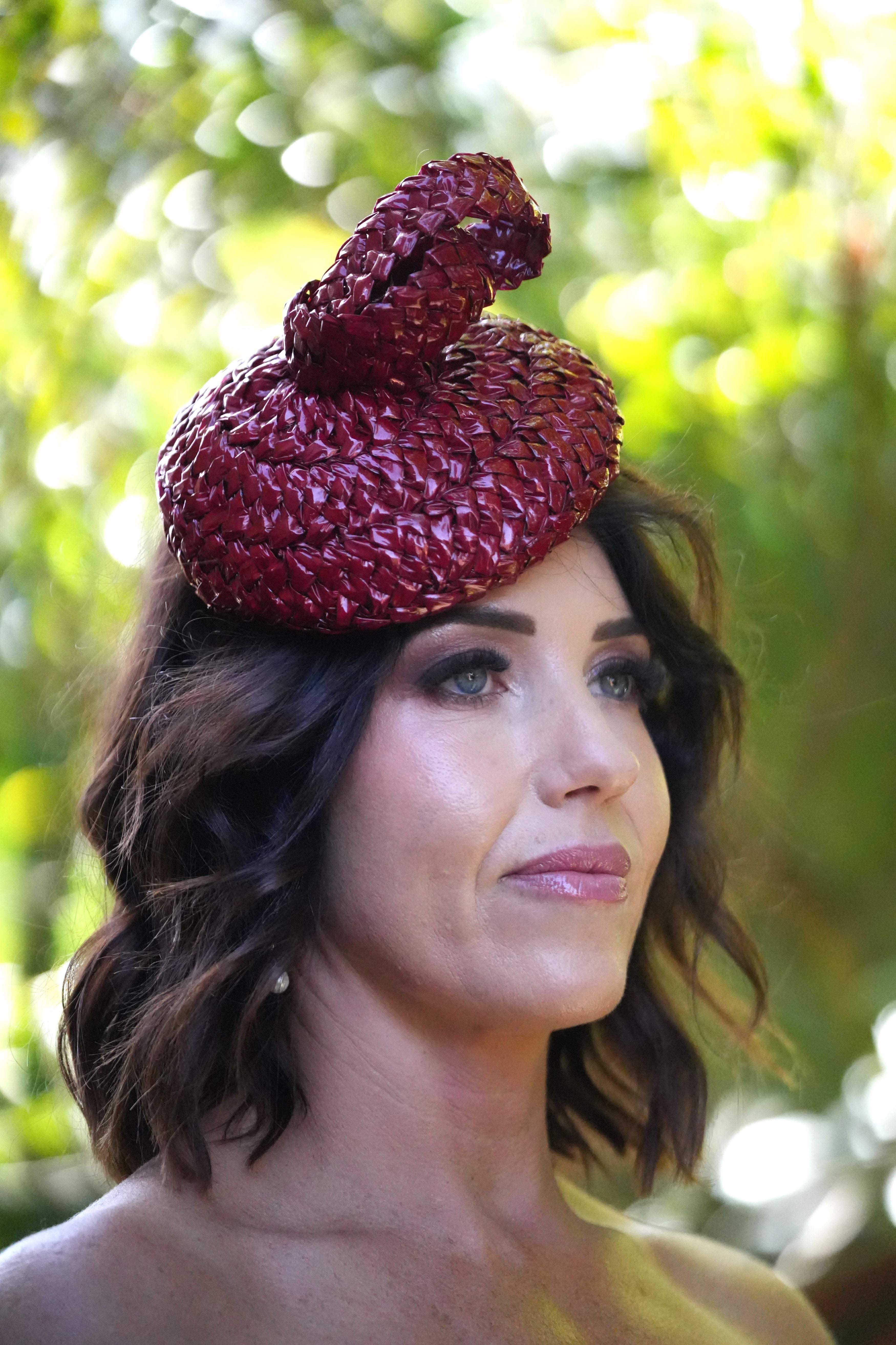 BETTY Red Swiss Straw  Button Hat Race Hat Fascinator