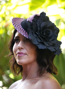 ETHEL Pink and Black Straw Hat Large Black Flower Fascinator Race Hat