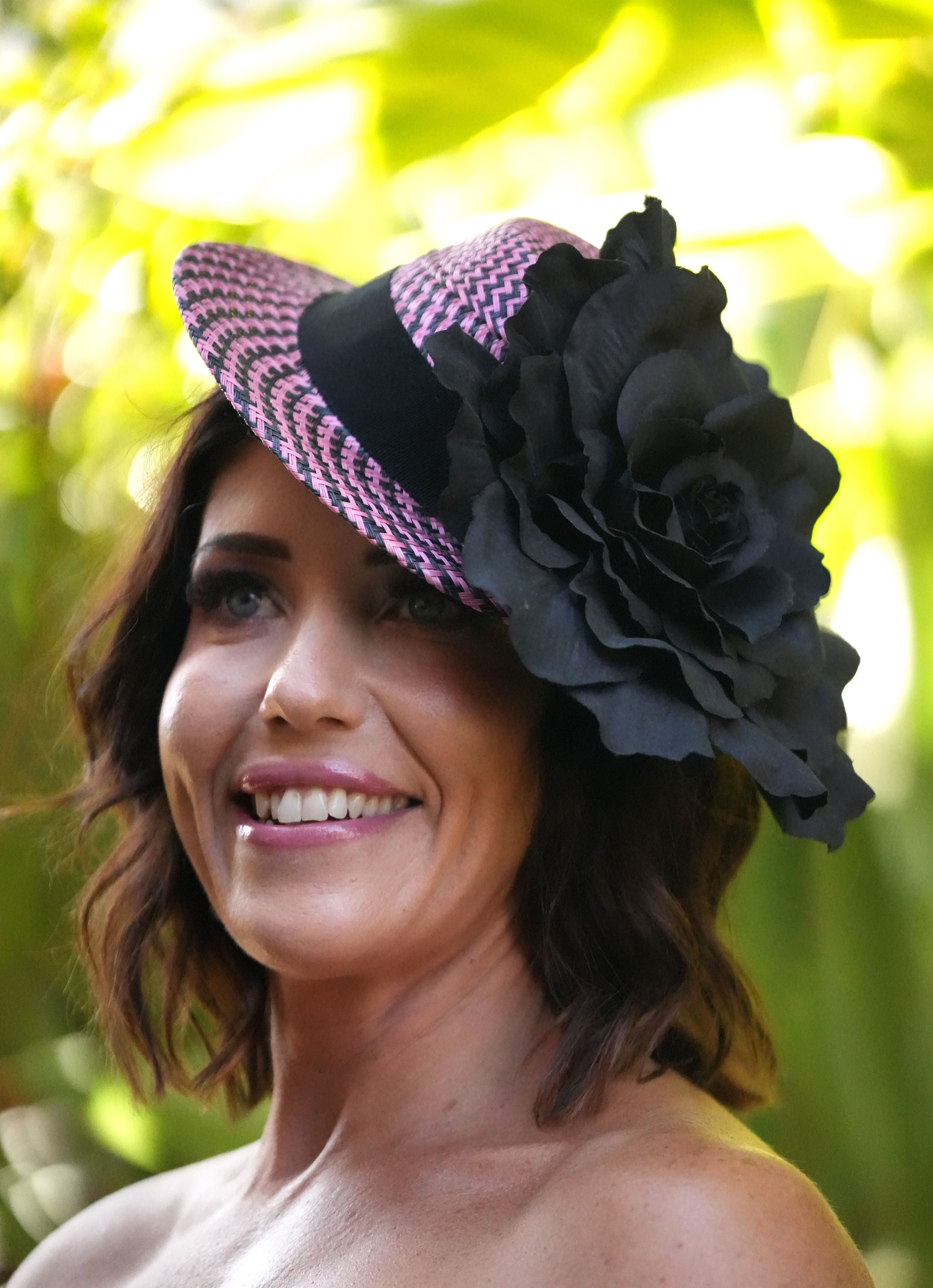 ETHEL Pink and Black Straw Hat Large Black Flower Fascinator Race Hat