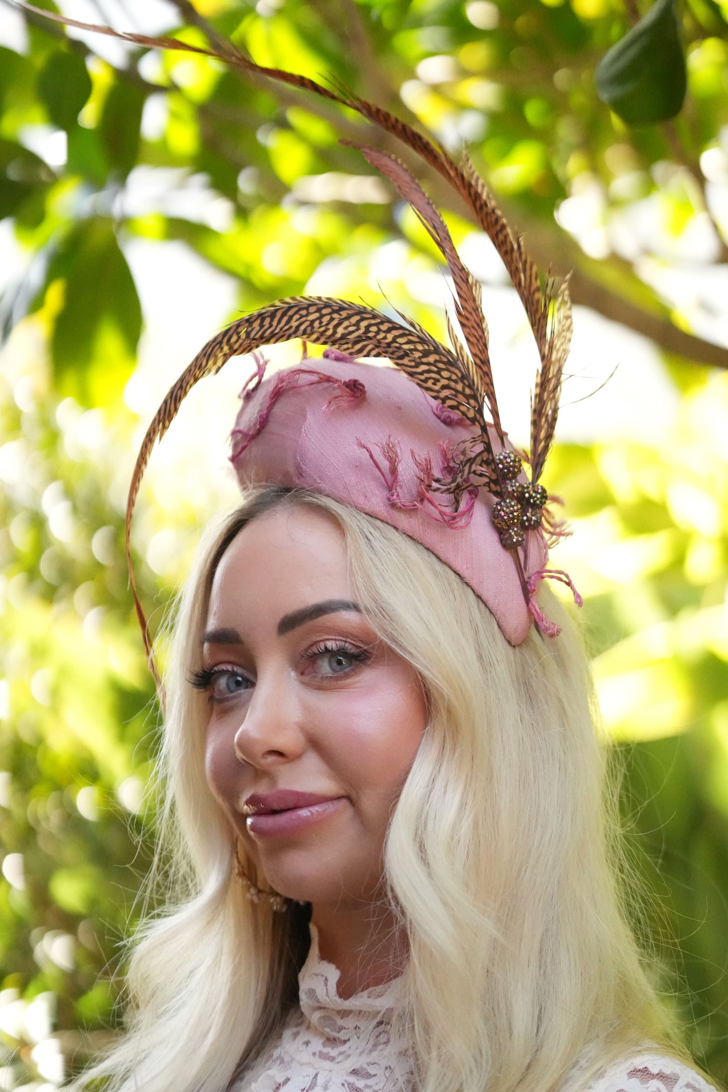 JADE Pink Vintage Straw Race Hat Fascinator Pheasant Feathers