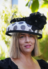 Load image into Gallery viewer, BROOKLYN  Black and White Sinamay Wide Brimmed  Race Hat Feather Flower
