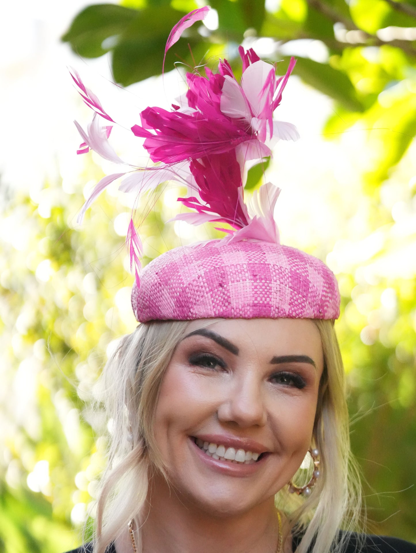 DOMENICA Pink Checked Straw Beret Hat Pink Feathers Race Hat