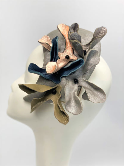 JILL Pewter Leather Headpiece Fascinator Race Hat