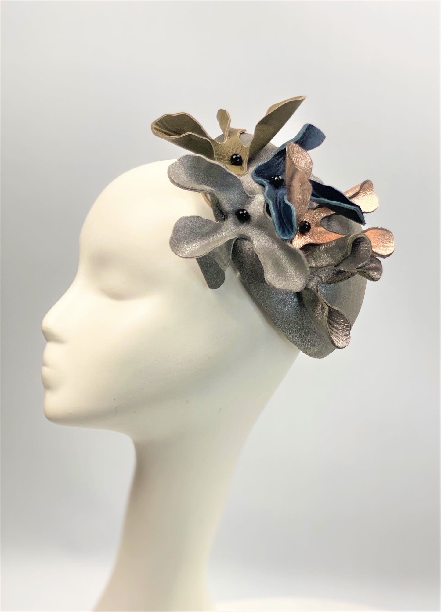JILL Pewter Leather Headpiece Fascinator Race Hat