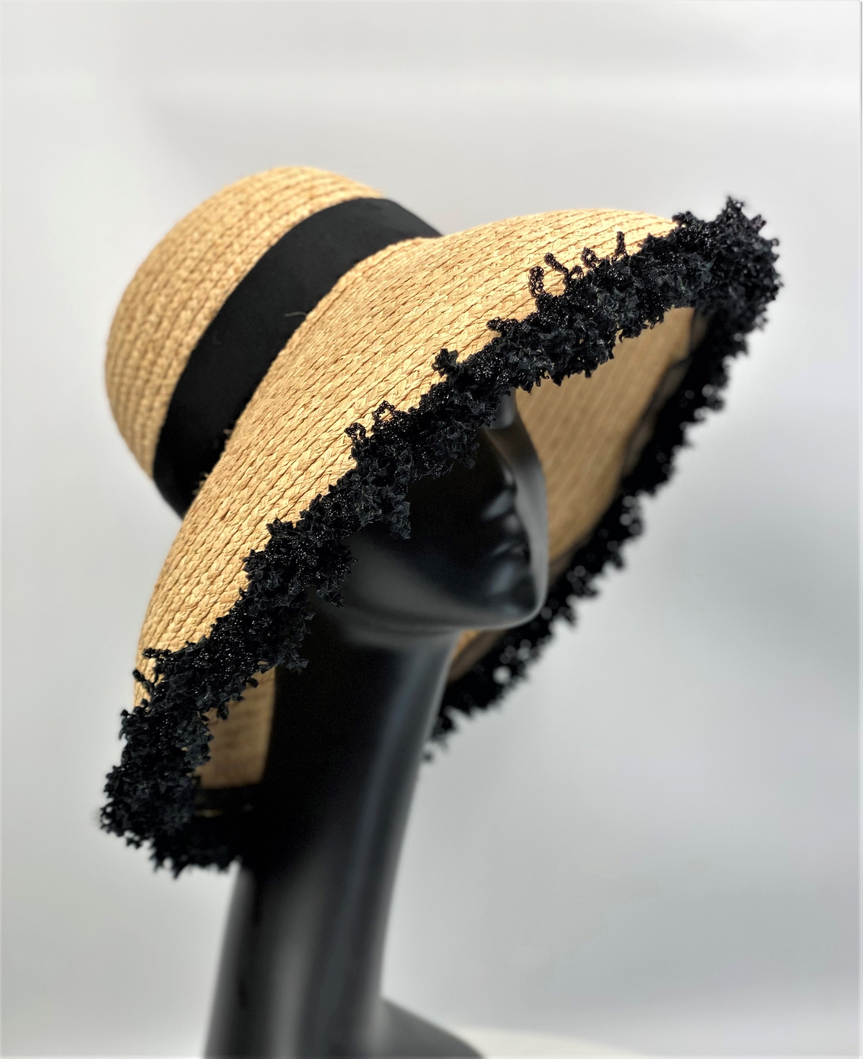 BECKY Natural Straw Sun Hat Large Dior Brim Black Trim