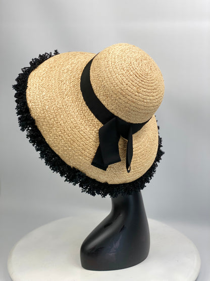 BECKY Natural Straw Sun Hat Large Dior Brim Black Trim