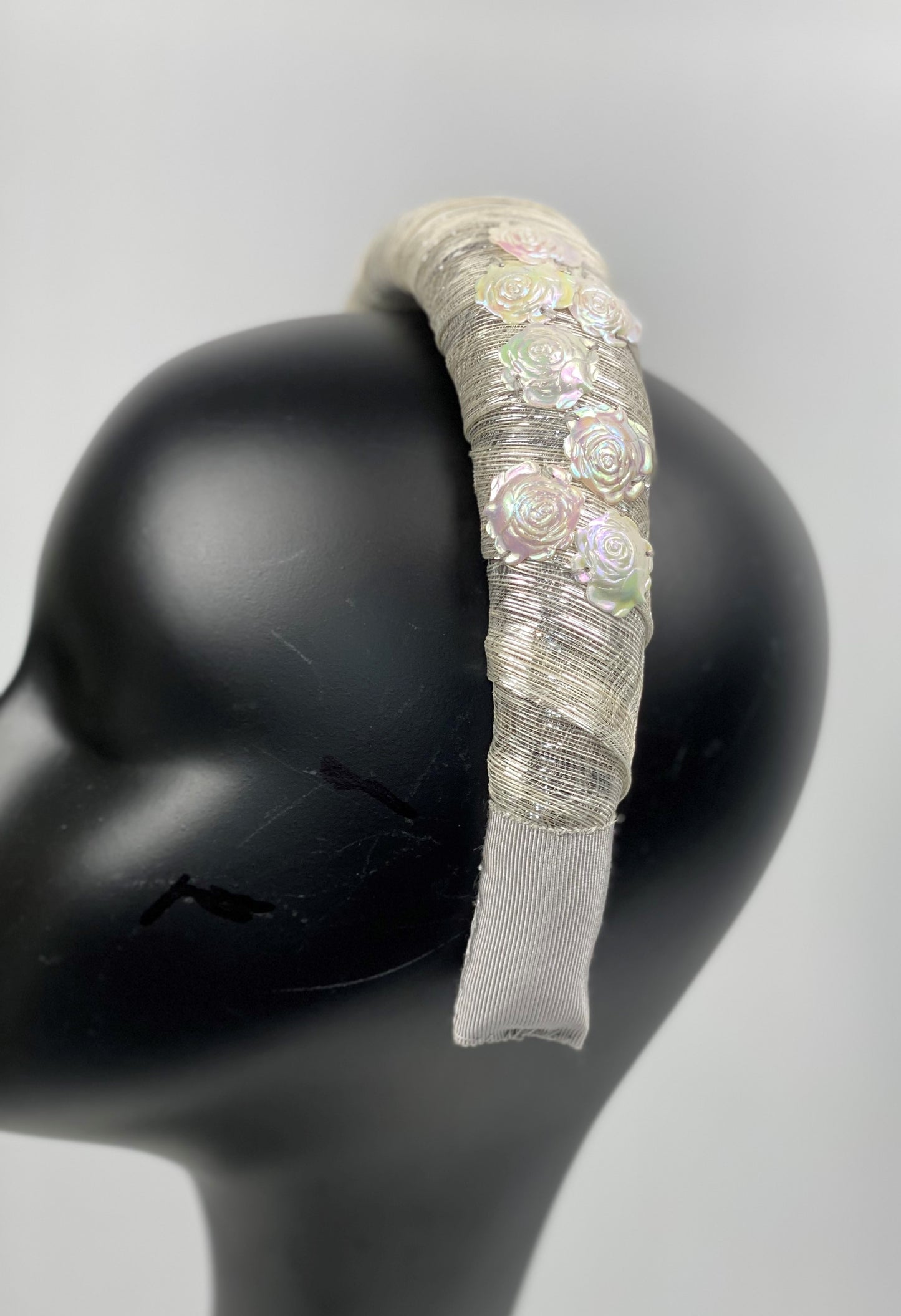 ELSIE White and Silver Padded Headband Vintage Sequins