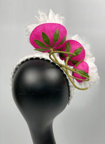 Load image into Gallery viewer, IRMA White Headband Hot Pink Fascinator Feather Flowers Hat
