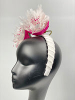 Load image into Gallery viewer, IRMA White Headband Hot Pink Fascinator Feather Flowers Hat
