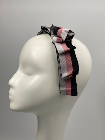 HATTIE  Pink Grey and Black Headband Grosgrain Ribbon Bows